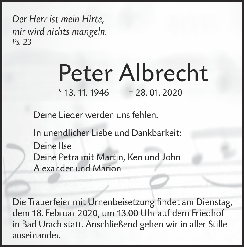  Traueranzeige für Peter Albrecht vom 14.02.2020 aus Alb-Bote/Metzinger-Uracher Volksblatt