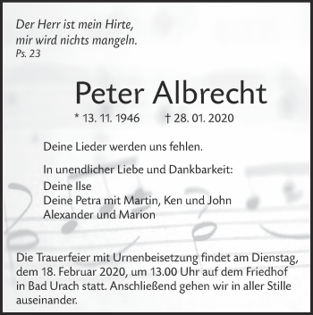 Traueranzeige von Peter Albrecht von Alb-Bote/Metzinger-Uracher Volksblatt