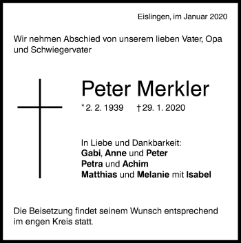 Traueranzeige von Peter Merkler von NWZ Neue Württembergische Zeitung