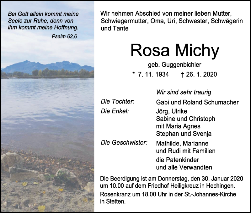  Traueranzeige für Rosa Michy vom 28.01.2020 aus Hohenzollerische Zeitung