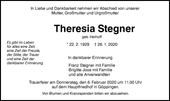 Traueranzeige von Theresia Stegner von NWZ Neue Württembergische Zeitung