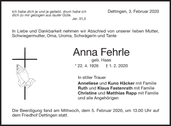 Traueranzeige von Anna Fehrle von Metzinger-Uracher Volksblatt