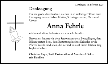 Traueranzeige von Anna Fehrle von Metzinger-Uracher Volksblatt