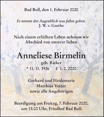 Traueranzeige von Anneliese Birmelin von NWZ Neue Württembergische Zeitung