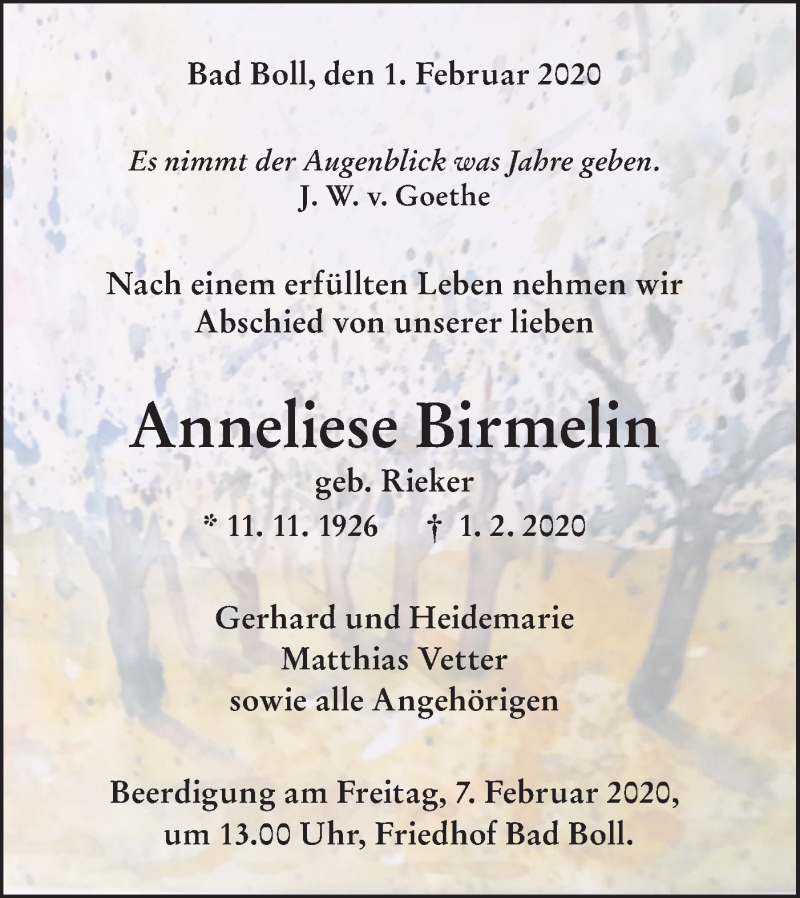  Traueranzeige für Anneliese Birmelin vom 04.02.2020 aus NWZ Neue Württembergische Zeitung