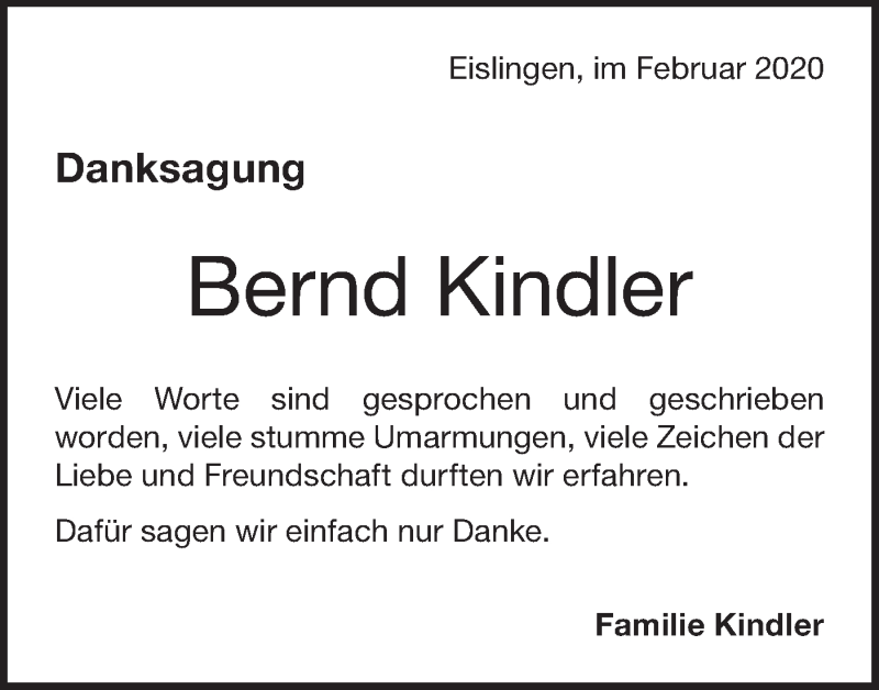  Traueranzeige für Bernd Kindler vom 12.02.2020 aus NWZ Neue Württembergische Zeitung
