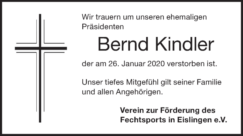 Traueranzeige für Bernd Kindler vom 04.02.2020 aus NWZ Neue Württembergische Zeitung
