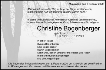 Traueranzeige von Christine Bogenberger von Alb-Bote/Metzinger-Uracher Volksblatt