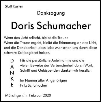 Traueranzeige von Doris Schumacher von Alb-Bote/Metzinger-Uracher Volksblatt