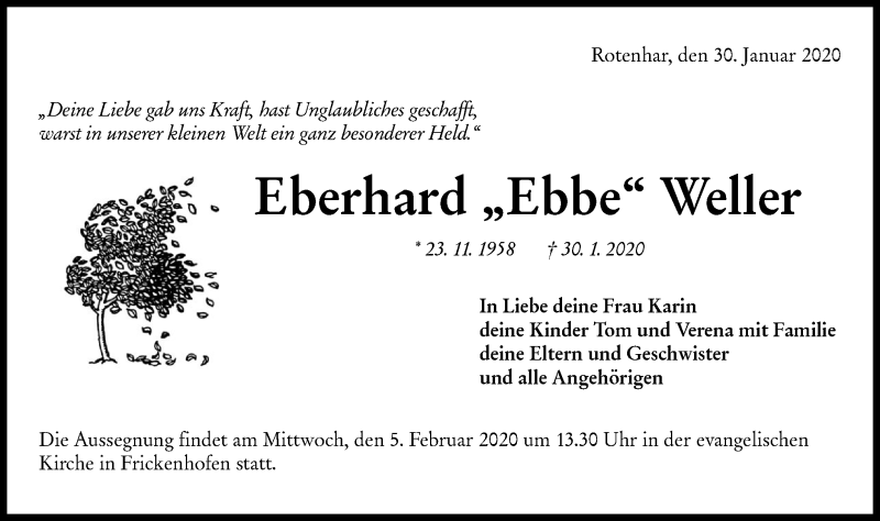  Traueranzeige für Eberhard  Weller vom 03.02.2020 aus Rundschau Gaildorf