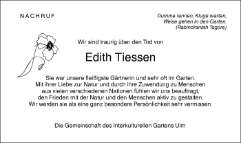 Traueranzeige von Edith Tiessen von SÜDWEST PRESSE Ausgabe Ulm/Neu-Ulm