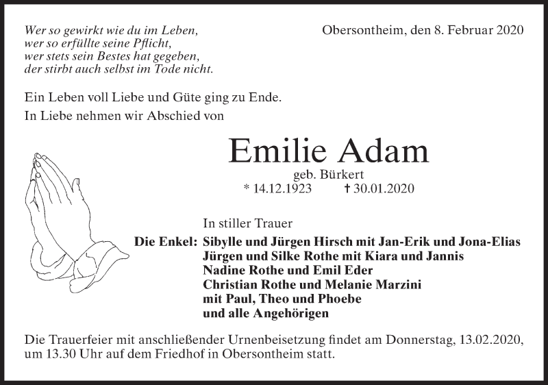  Traueranzeige für Emilie Adam vom 08.02.2020 aus Haller Tagblatt