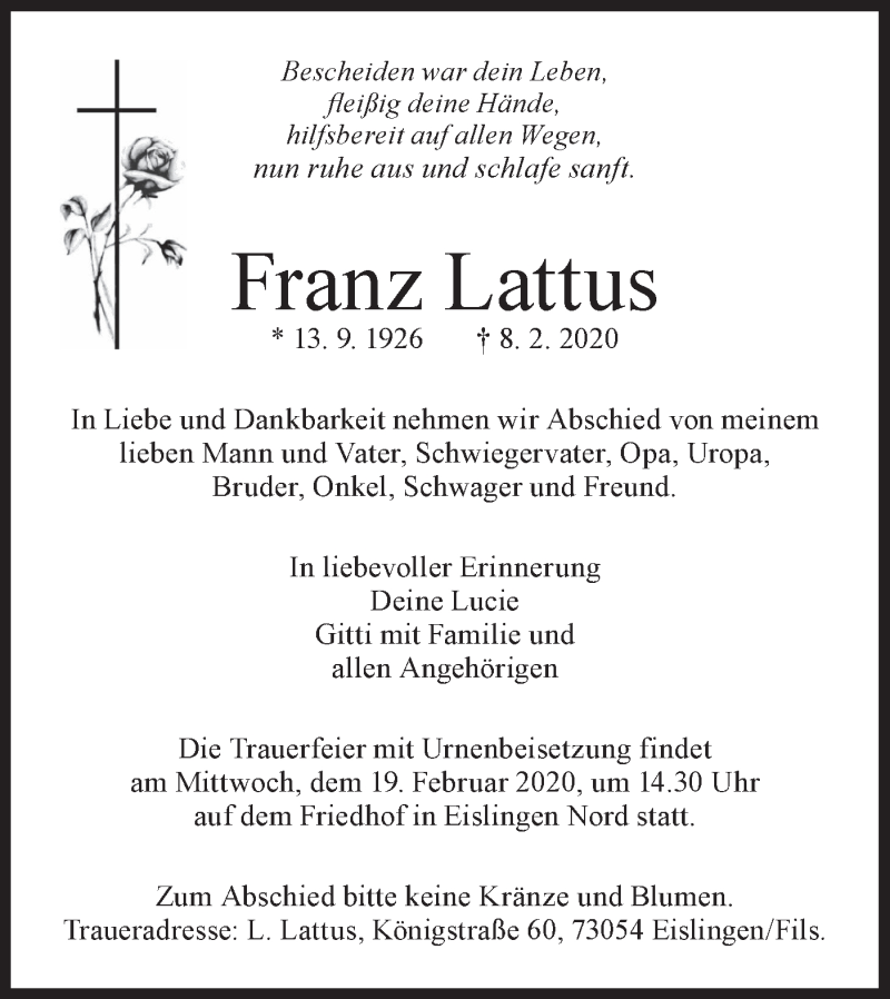  Traueranzeige für Franz Lattus vom 15.02.2020 aus NWZ Neue Württembergische Zeitung