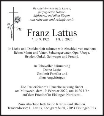 Traueranzeige von Franz Lattus von NWZ Neue Württembergische Zeitung