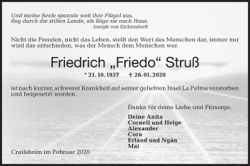 Traueranzeige von Friedrich Struß von Hohenloher Tagblatt