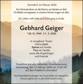 Traueranzeige von Gebhard Geiger von NWZ Neue Württembergische Zeitung/Geislinger Zeitung