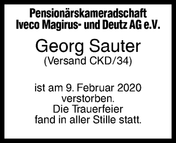 Traueranzeige von Georg Sauter von SÜDWEST PRESSE Ausgabe Ulm/Neu-Ulm