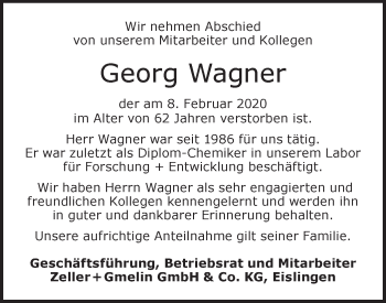 Traueranzeige von Georg Wagner von NWZ Neue Württembergische Zeitung