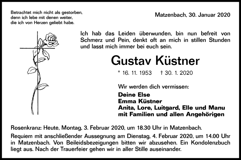  Traueranzeige für Gustav Küstner vom 03.02.2020 aus Hohenloher Tagblatt