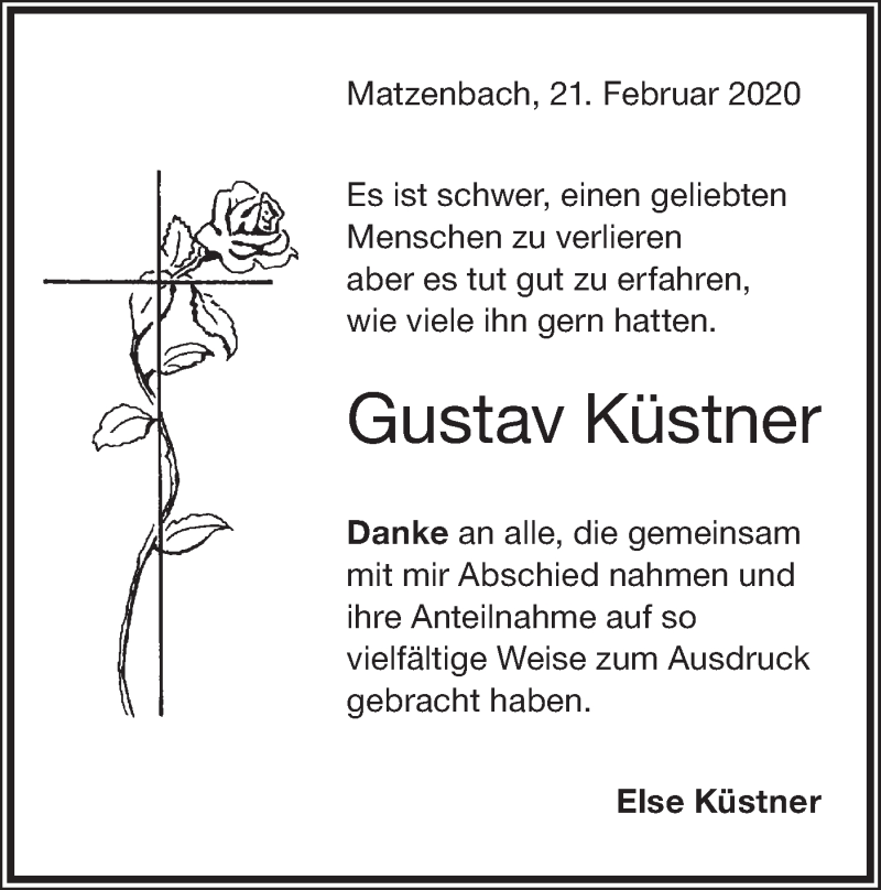  Traueranzeige für Gustav Küstner vom 21.02.2020 aus Hohenloher Tagblatt