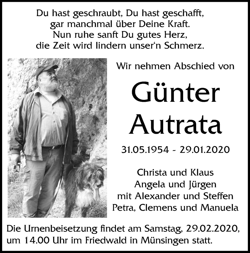  Traueranzeige für Günter Autrata vom 17.02.2020 aus Alb-Bote/Metzinger-Uracher Volksblatt