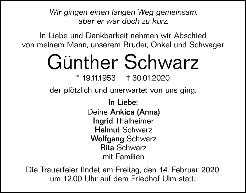  Traueranzeige für Günther Schwarz vom 07.02.2020 aus SÜDWEST PRESSE Ausgabe Ulm/Neu-Ulm