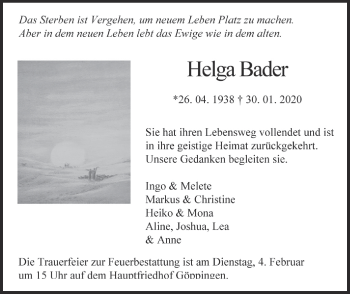 Traueranzeige von Helga Bader von NWZ Neue Württembergische Zeitung
