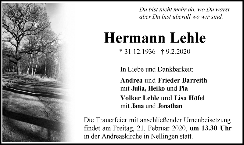  Traueranzeige für Hermann Lehle vom 15.02.2020 aus Geislinger Zeitung