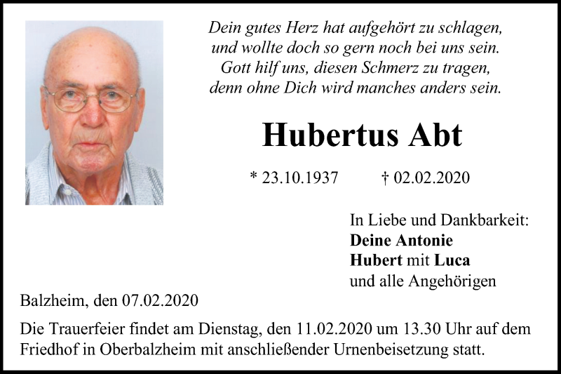  Traueranzeige für Hubertus Abt vom 07.02.2020 aus Illertal Bote