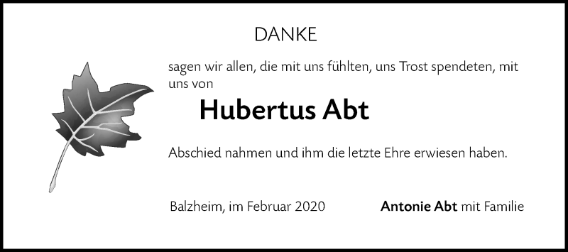  Traueranzeige für Hubertus Abt vom 18.02.2020 aus Illertal Bote