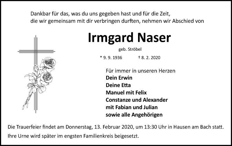  Traueranzeige für Irmgard Naser vom 11.02.2020 aus Hohenloher Tagblatt