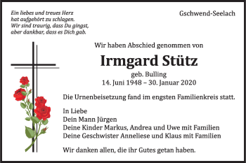 Traueranzeige von Irmgard Stütz von Rundschau Gaildorf