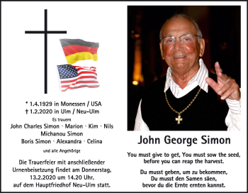Traueranzeige von John George Simon von SÜDWEST PRESSE Ausgabe Ulm/Neu-Ulm