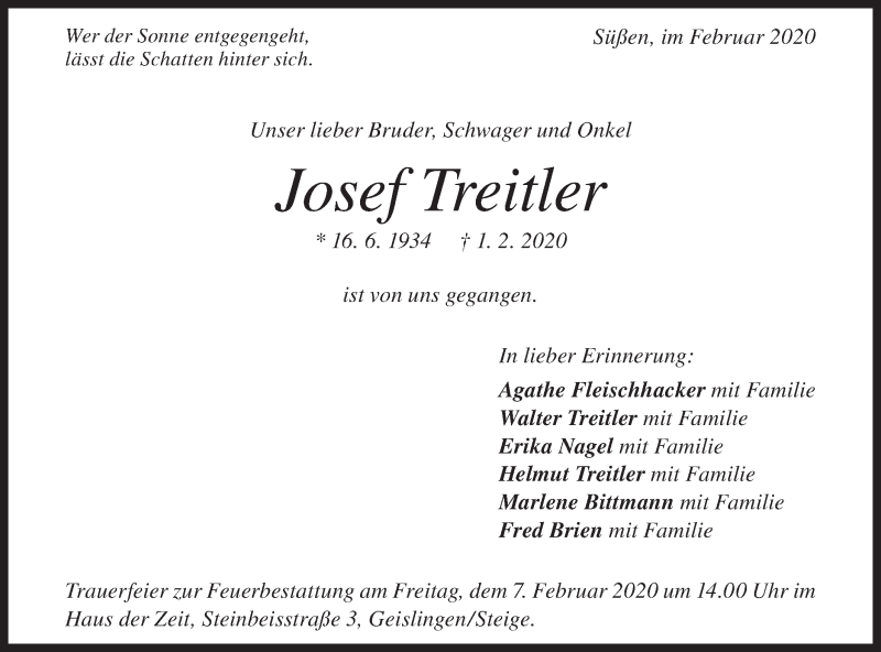  Traueranzeige für Josef Treitler vom 04.02.2020 aus Geislinger Zeitung