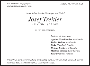 Traueranzeige von Josef Treitler von Geislinger Zeitung