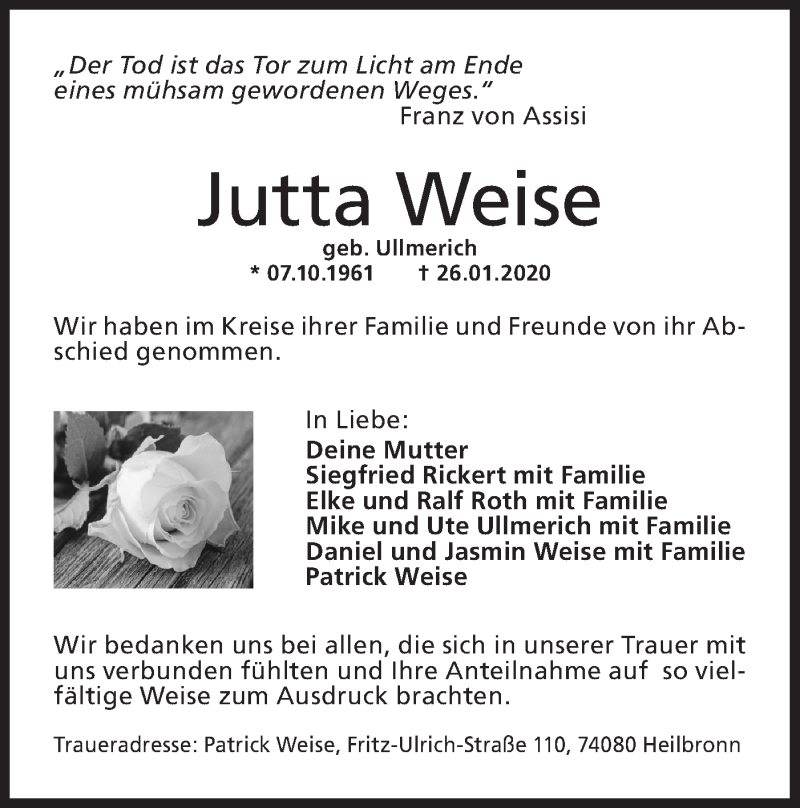  Traueranzeige für Jutta Weise vom 15.02.2020 aus Haller Tagblatt