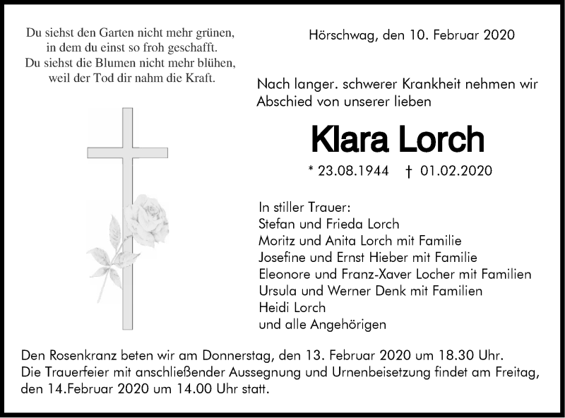  Traueranzeige für Klara Lorch vom 10.02.2020 aus Hohenzollerische Zeitung
