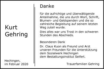 Traueranzeige von Kurt Gehring von Hohenzollerische Zeitung