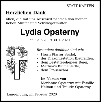 Traueranzeige von Lydia Opaterny von Hohenloher Tagblatt