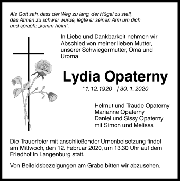 Traueranzeige von Lydia Opaterny von Hohenloher Tagblatt