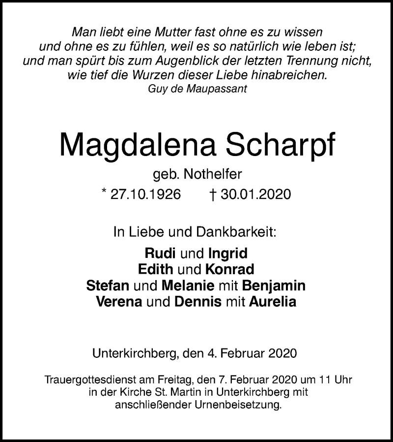  Traueranzeige für Magdalena Scharpf vom 04.02.2020 aus SÜDWEST PRESSE Ausgabe Ulm/Neu-Ulm