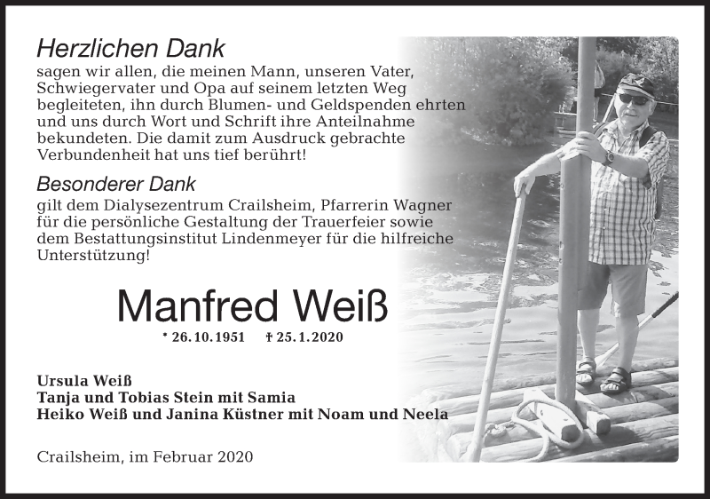  Traueranzeige für Manfred Weiß vom 29.02.2020 aus Hohenloher Tagblatt