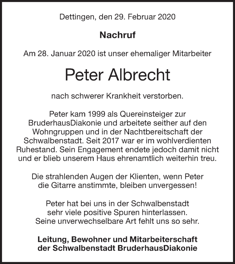  Traueranzeige für Peter Albrecht vom 29.02.2020 aus Metzinger-Uracher Volksblatt