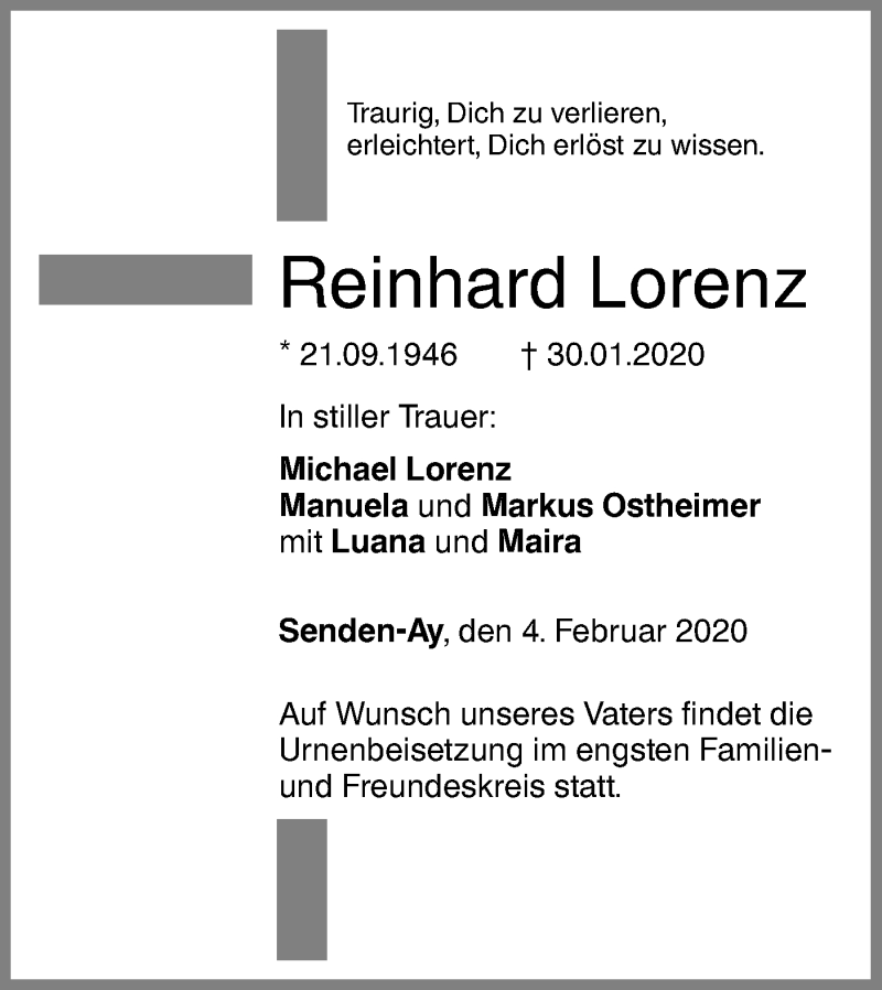  Traueranzeige für Reinhard Lorenz vom 04.02.2020 aus SÜDWEST PRESSE Ausgabe Ulm/Neu-Ulm