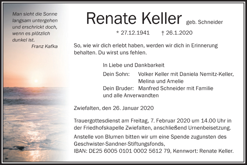  Traueranzeige für Renate Keller vom 04.02.2020 aus Alb-Bote/Metzinger-Uracher Volksblatt