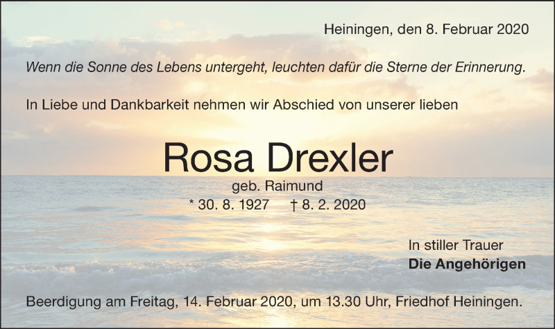  Traueranzeige für Rosa Drexler vom 11.02.2020 aus NWZ Neue Württembergische Zeitung