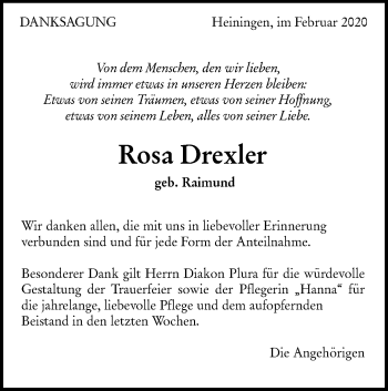 Traueranzeige von Rosa Drexler von NWZ Neue Württembergische Zeitung