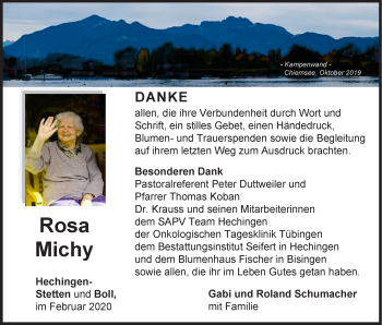 Traueranzeige von Rosa Michy von Hohenzollerische Zeitung