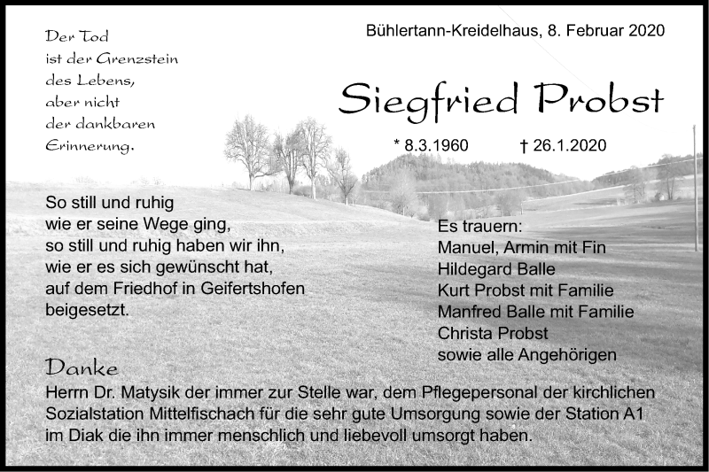  Traueranzeige für Siegfried Probst vom 08.02.2020 aus Haller Tagblatt