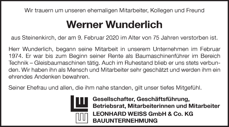 Traueranzeige für Werner Wunderlich vom 21.02.2020 aus NWZ Neue Württembergische Zeitung/Geislinger Zeitung